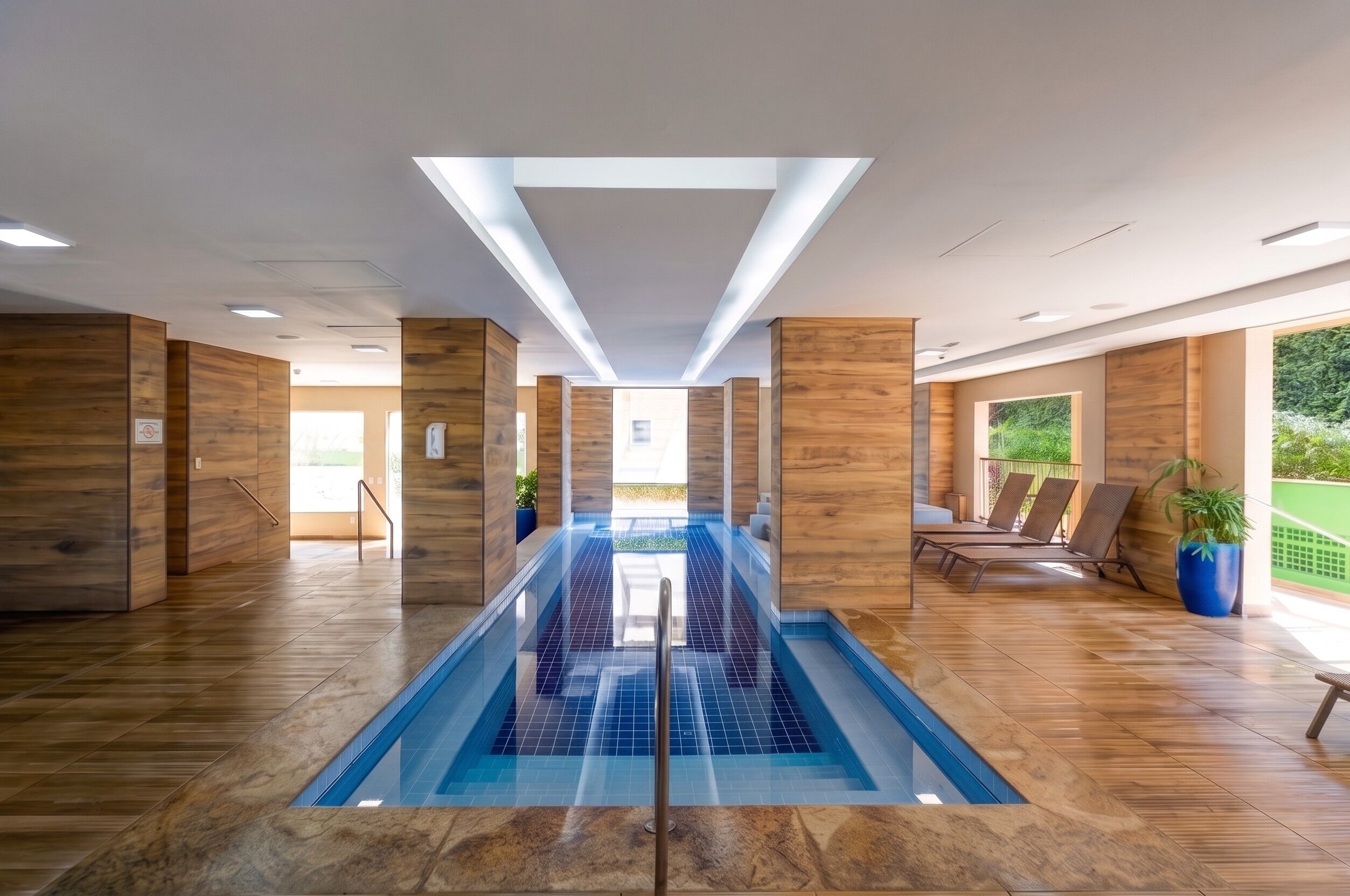A modern indoor swimming pool with a clear view of the pool area, wooden paneling on the walls, and a glass barrier.
