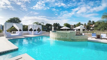 Outdoor pool, pool umbrellas, sun loungers