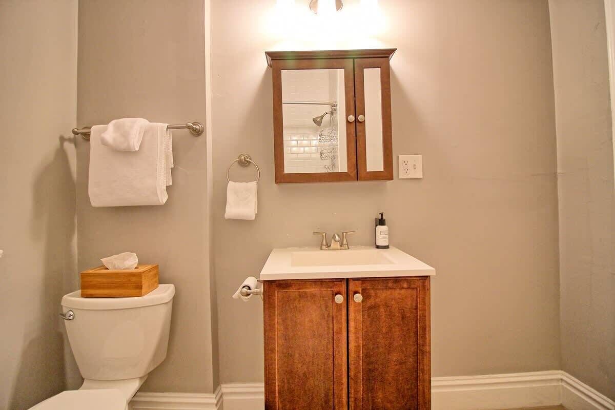 A bathroom with a toilet, a wooden cabinet with a mirror, and a white sink.