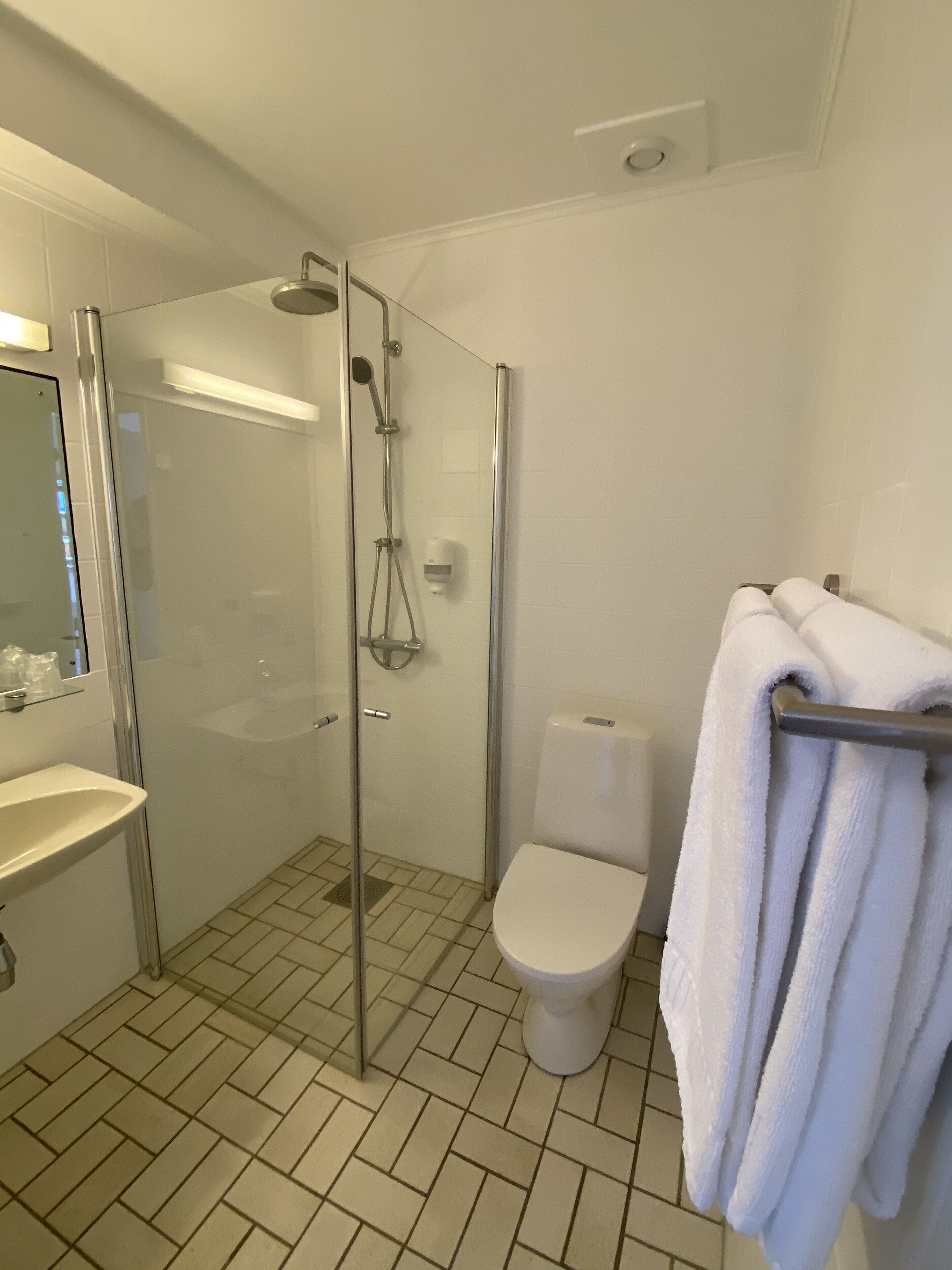 Een moderne badkamer met een douche met glazen wand, een wit toilet en een wastafel met spiegel.