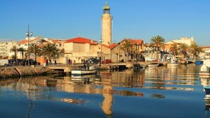 A waterfront area with a prominent tower, boats docked along the shore, and buildings with red roofs.