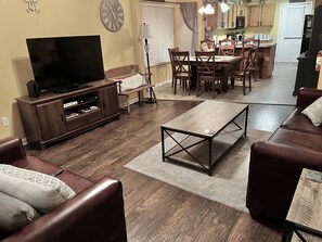 Smart TV, fireplace, books