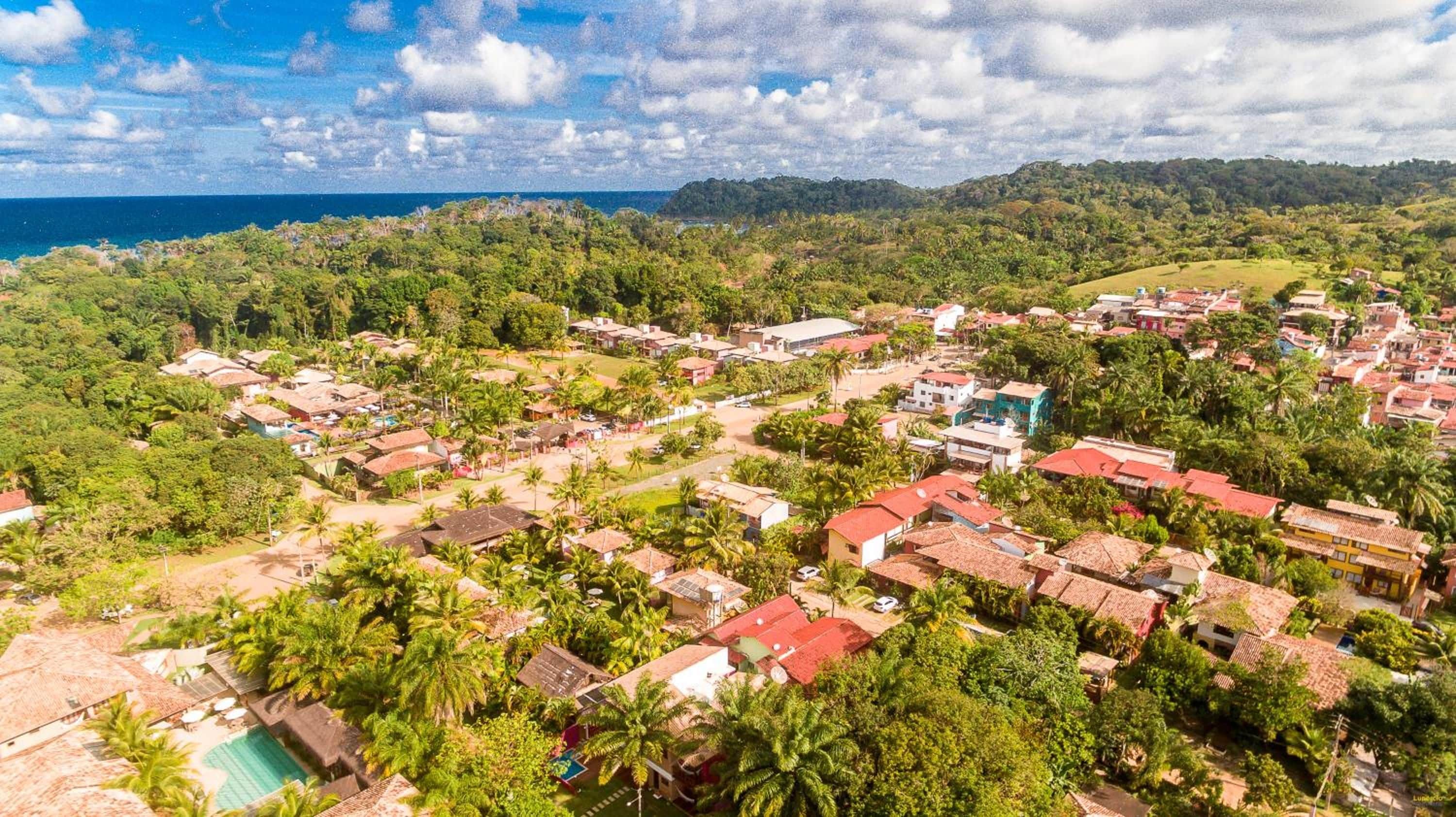 Un pueblo costero con una combinación de edificios residenciales y comerciales, rodeado de exuberante vegetación y una vista despejada del océano.