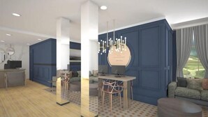 A modern living room with a blue accent wall, a round coffee table, and a dining area with a chandelier. - The Sire Hotel Lexington,tapestry Collection by Hi (Lexington)