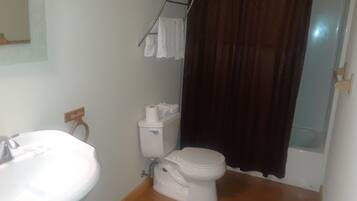 Combined shower/bathtub, free toiletries, towels