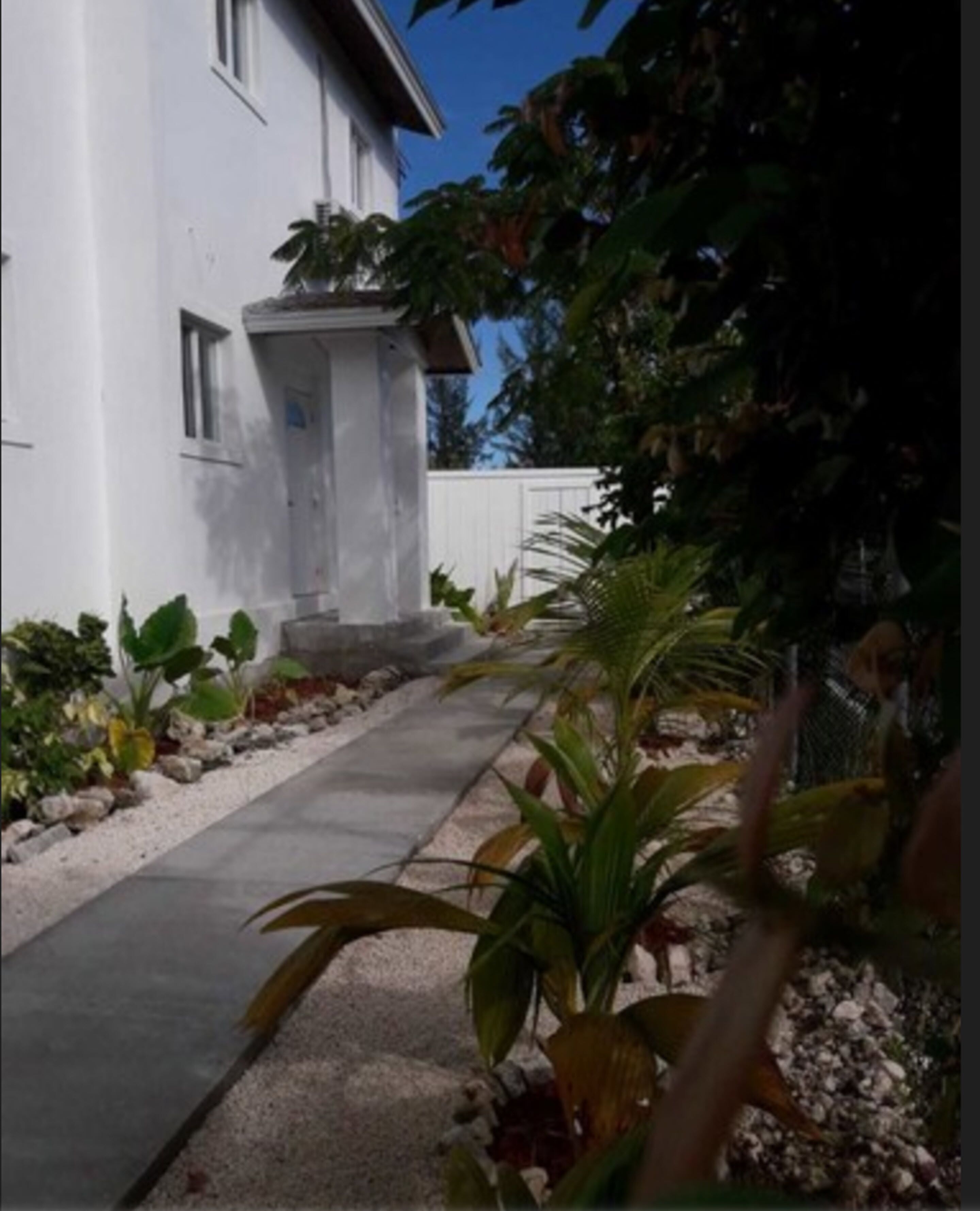 A white building with a concrete pathway leading to a door, surrounded by various plants and a white fence.