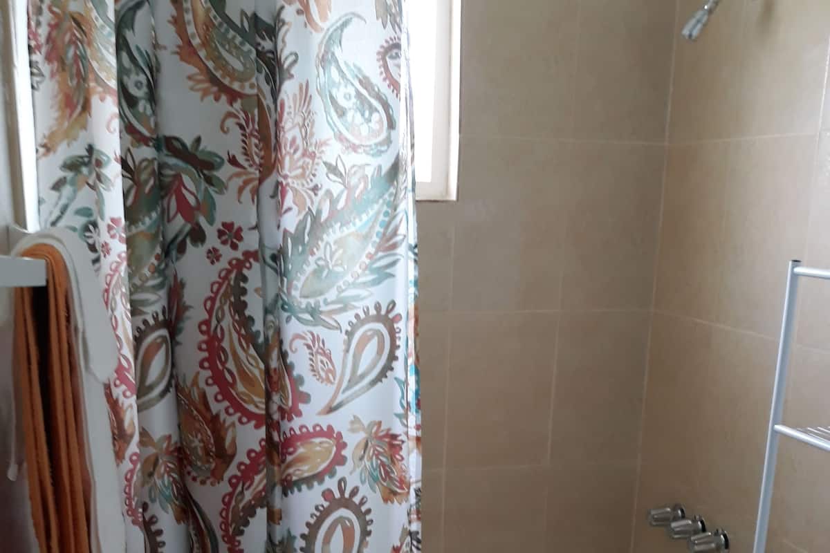 Un baño con ducha, inodoro y un perchero para toallas.