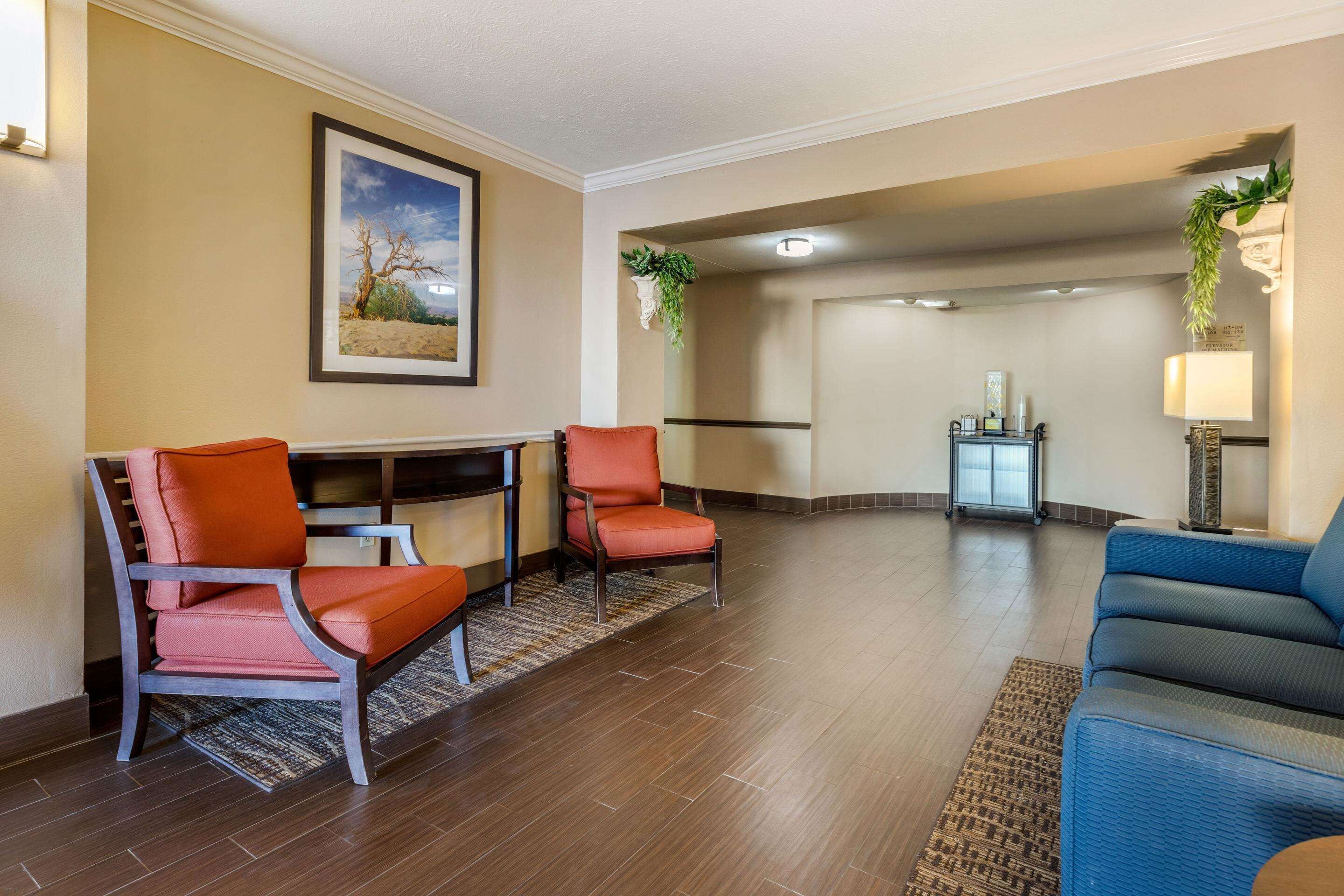 A lobby with two orange chairs, a blue sofa, a framed picture on the wall, and a small table with a lamp.