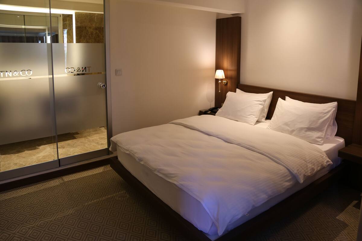 A hotel room with a bed, a nightstand, a wall-mounted lamp, and a frosted glass door with "TN&CO" visible.