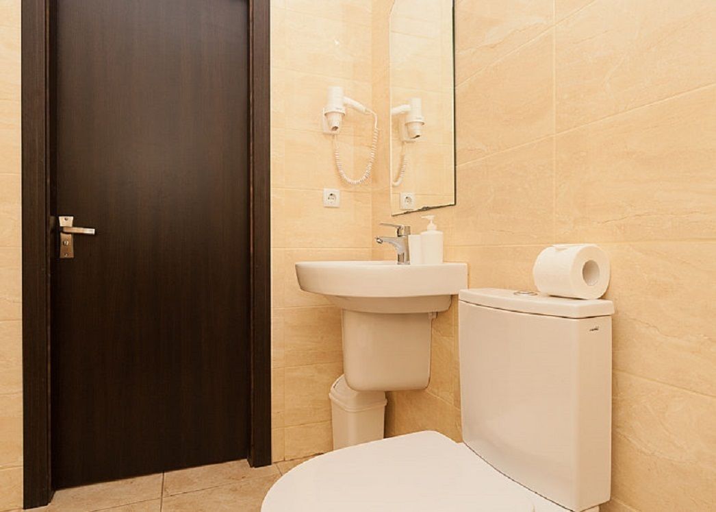 A bathroom with a dark wooden door, a white sink, a toilet, and a mirror above the sink.