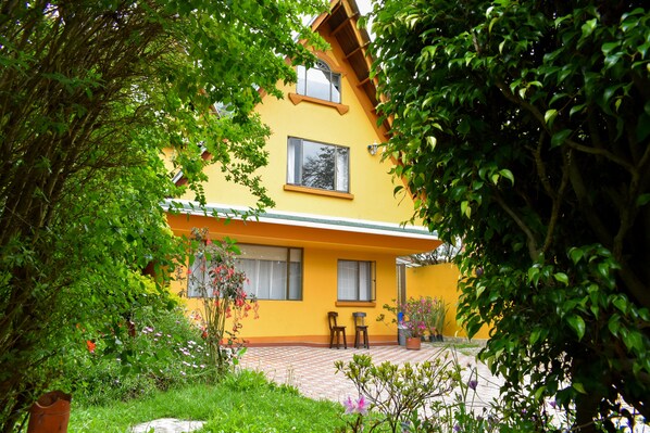 A yellow house with two windows and a door, surrounded by greenery and a brick pathway.