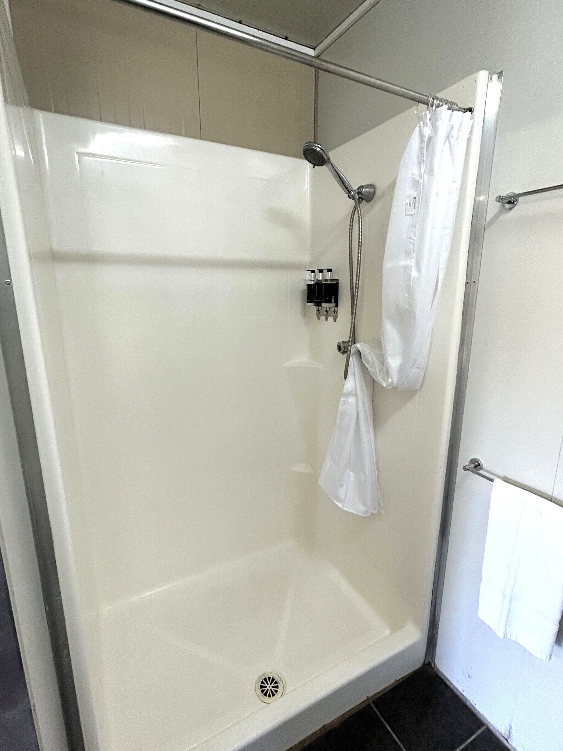 Un espace douche clos par des parois de verre, équipé d’un pommeau de douche, d’un rideau et d’un petit panneau de commande.