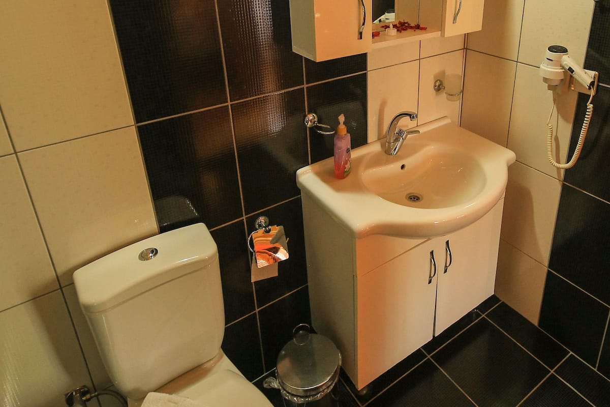 shower, hair dryer, slippers, towels