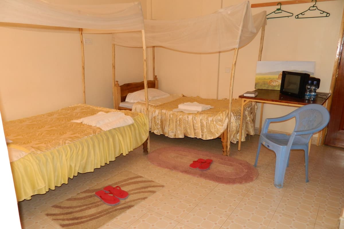 A room with two single beds, a desk with a computer, a chair, and a TV.