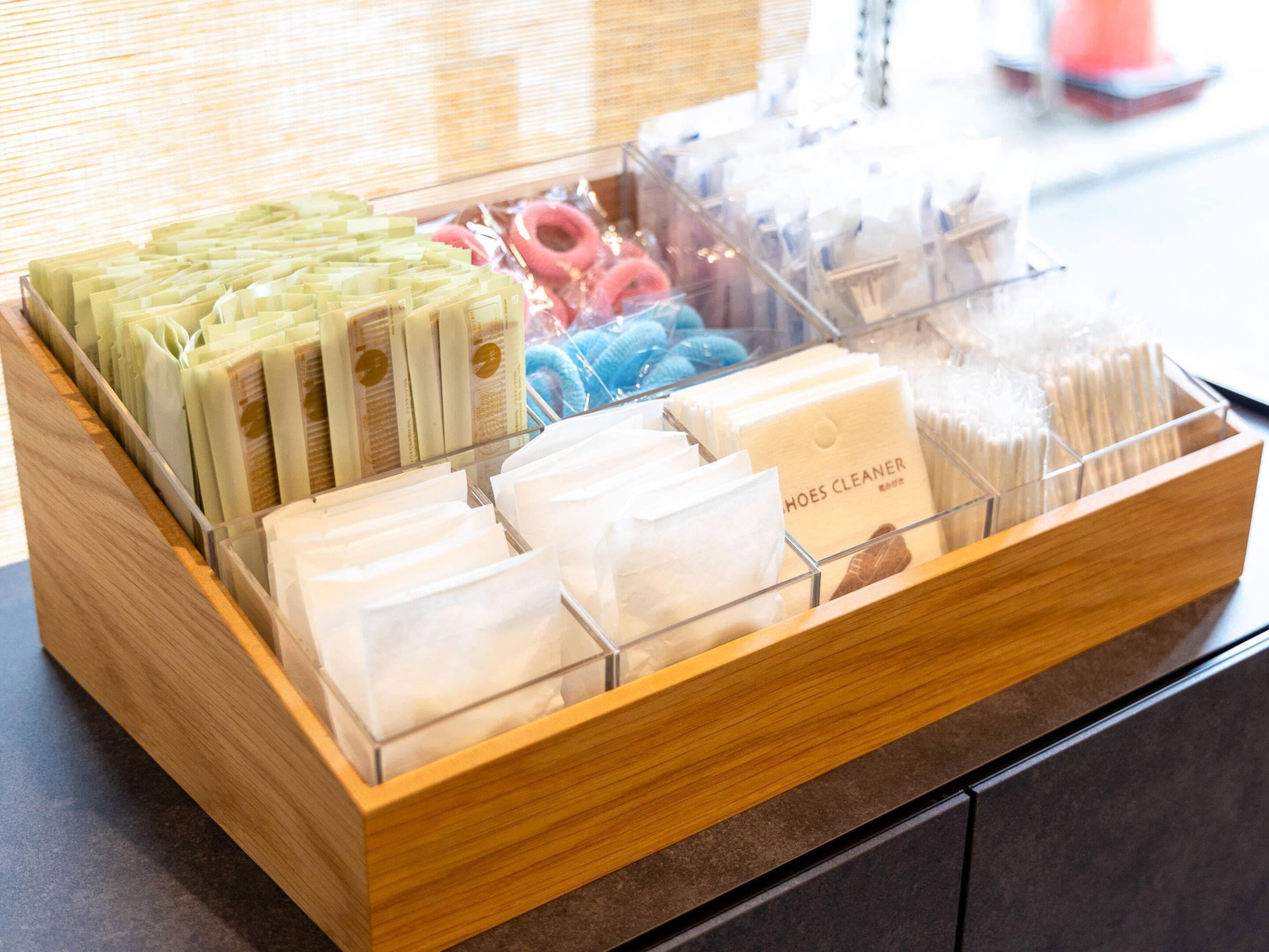 A display case with various shoe cleaning products.
