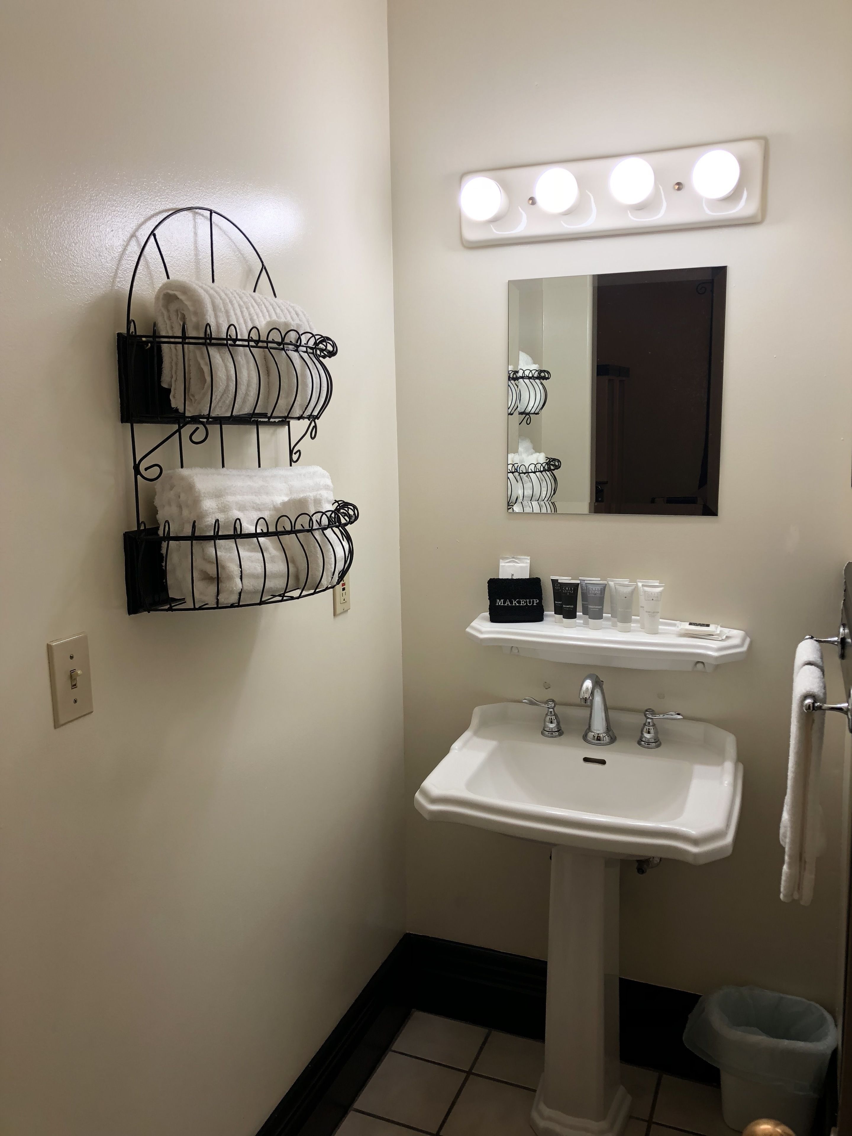 combined shower/bathtub, free toiletries, hair dryer, bathrobes