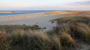 Una playa con arena, césped y una masa de agua. Hay letreros de advertencia y una valla.