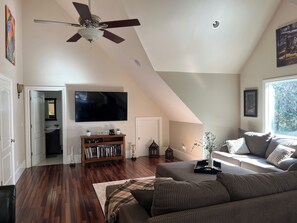 Smart TV, fireplace, DVD player, books