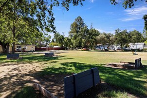 A campground with open grassy areas, picnic tables, and RVs parked in the background.