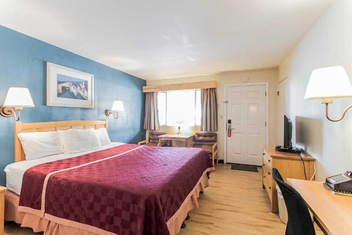 A hotel room with a large bed, a desk, a chair, a television, and a window with curtains.