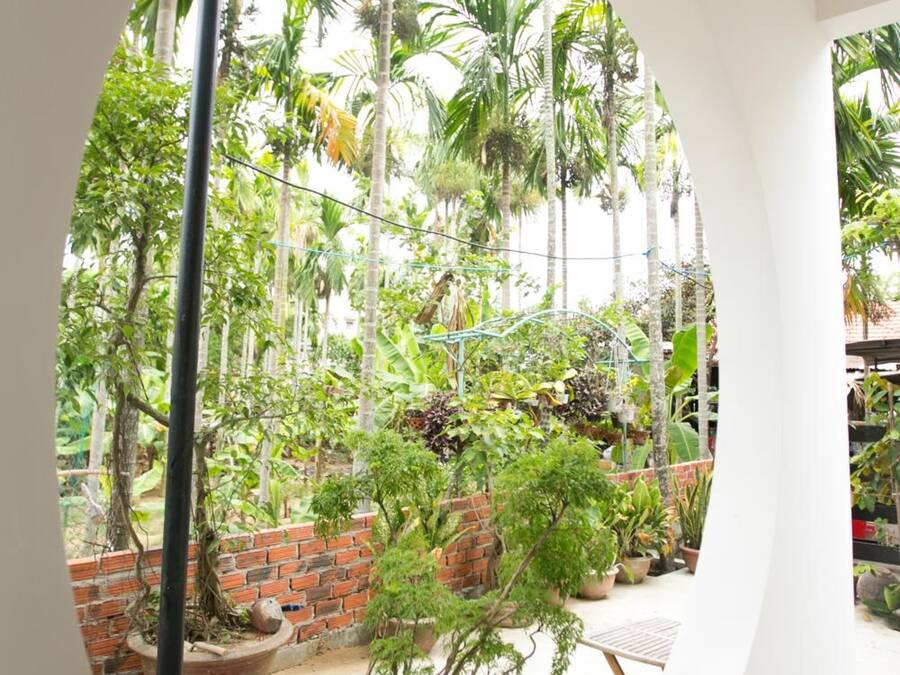 An indoor garden with potted plants and a brick wall.