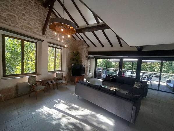 TV, fireplace, books