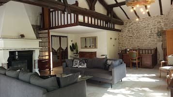 Télévision, cheminée, livres