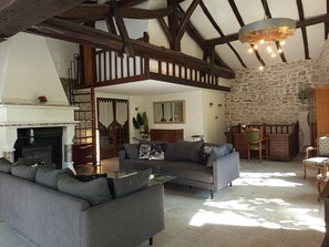 TV, fireplace, books