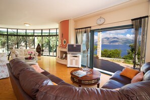Smart TV, fireplace, DVD player, books
