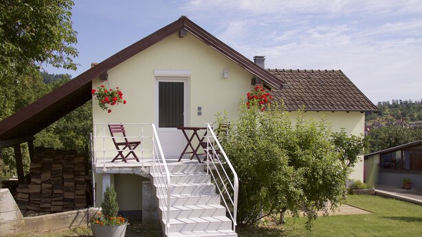 A house with a staircase leading to a balcony, a door, and a small garden area with flowers and plants.