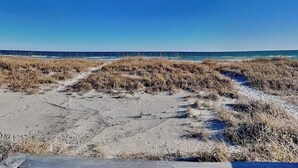 Una spiaggia con sabbia ed erba secca, che conduce verso l'oceano.