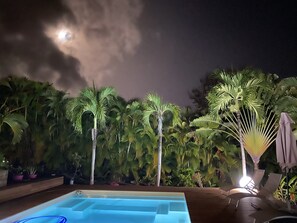 Piscine extérieure, chaises longues