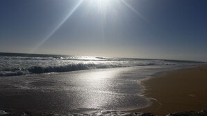 Une plage avec des vagues et la lumière du soleil qui se reflète sur le sable.