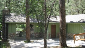A rustic cabin with a stone foundation, a green exterior, and a wooden door.