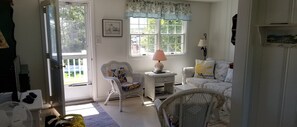 Smart TV, fireplace, DVD player, books