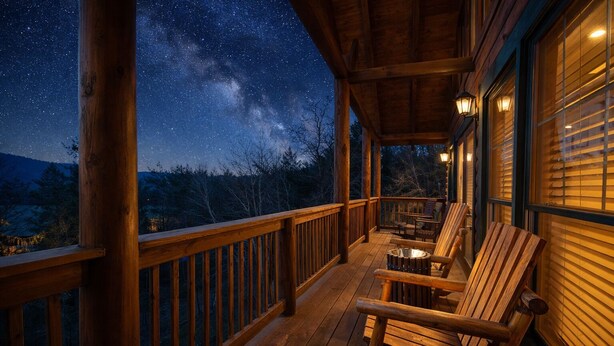 A wooden deck with a night sky view, wooden chairs, and a railing. - ♡♡Mtn View W/easy Access, Hot Tub, WiFi,  Smart TV & 10 Minutes to Attractions♡♡ (Pigeon Forge)
