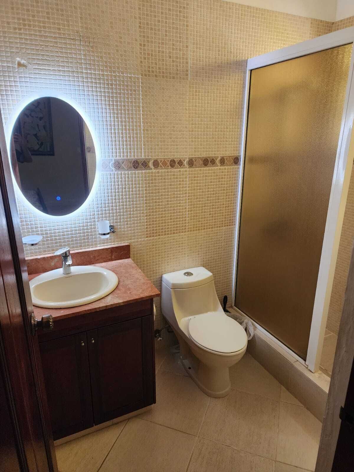 A bathroom with a sink, mirror, toilet, and shower.
