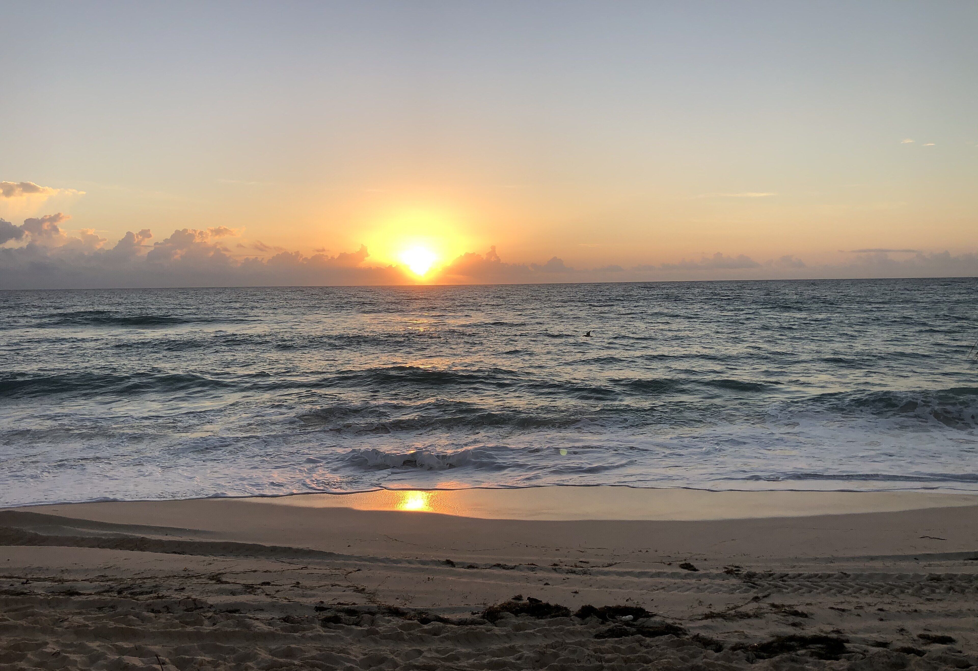 Ein Strand mit untergehender Sonne über dem Meer.