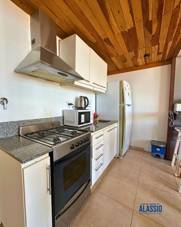 Duplex (Balcony) | Private kitchen | Fridge, stovetop, electric kettle, cookware/dishes/utensils - Departamento Alassio (Tigre)