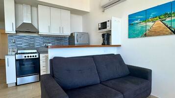Un espacio habitable compacto con kitchenette, un sofá gris y un cuadro de una escena costera.
