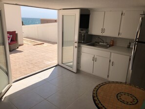 Fridge, microwave, coffee/tea maker, toaster