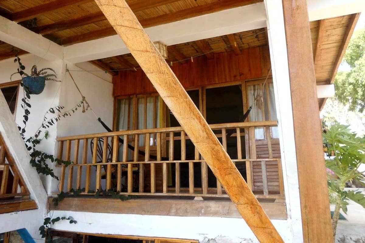 A wooden balcony with a railing, a hanging plant, and a window with curtains.