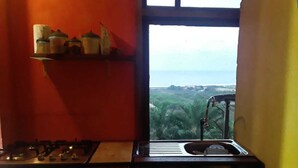 Une cuisine équipée d’une cuisinière à gaz, d’un évier et d’une fenêtre donnant sur un paysage.
