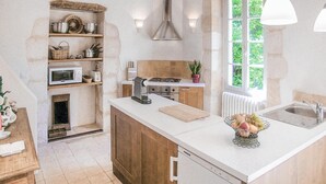 Cocina compacta con microondas, tostadora, cocina y pileta. Una ventana proporciona luz natural y hay una planta en la encimera.