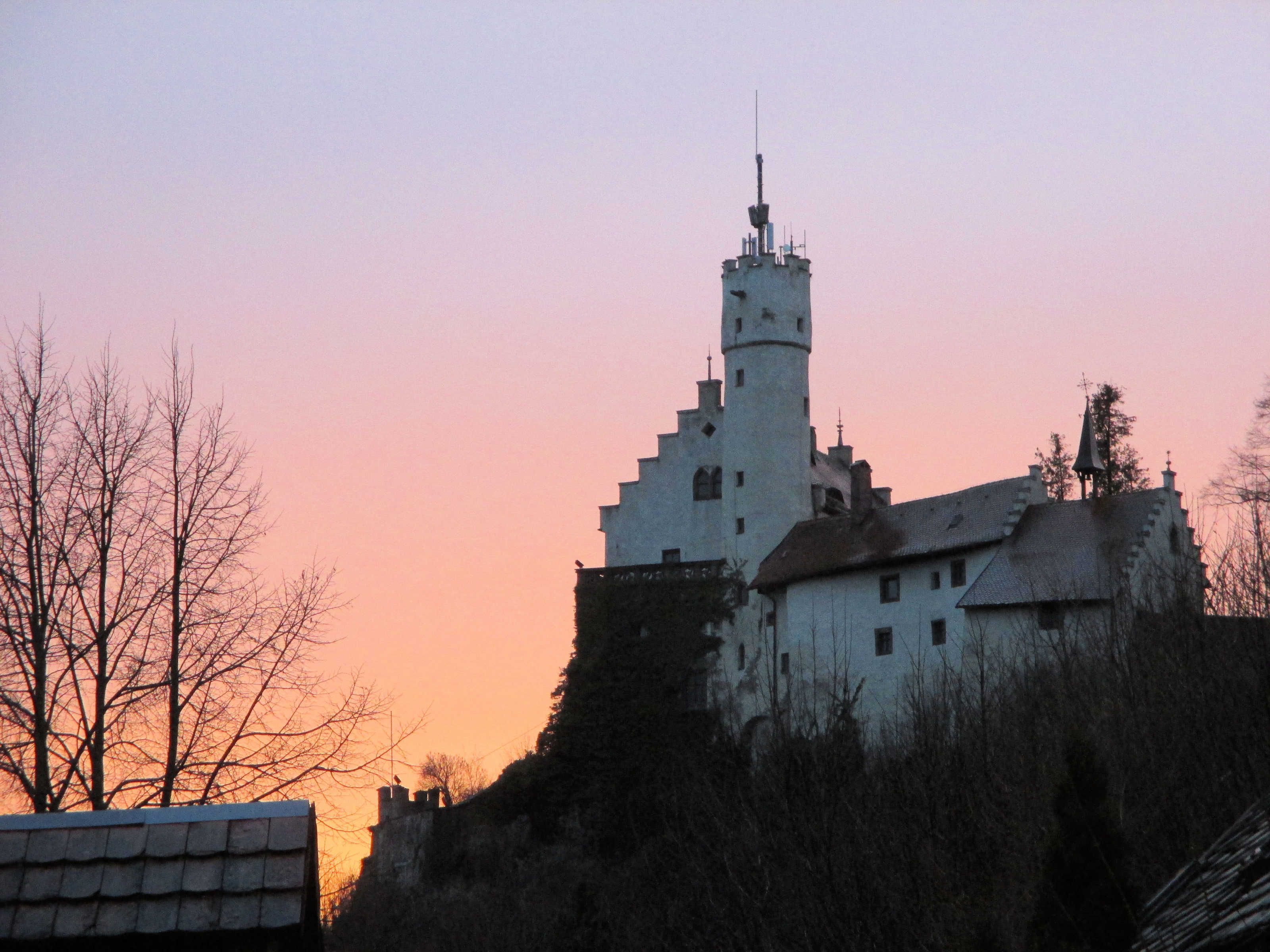 A historic castle with a prominent tower, surrounded by trees and a clear sky.