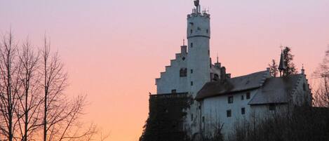 A historic castle with a prominent tower, surrounded by trees and a clear sky.