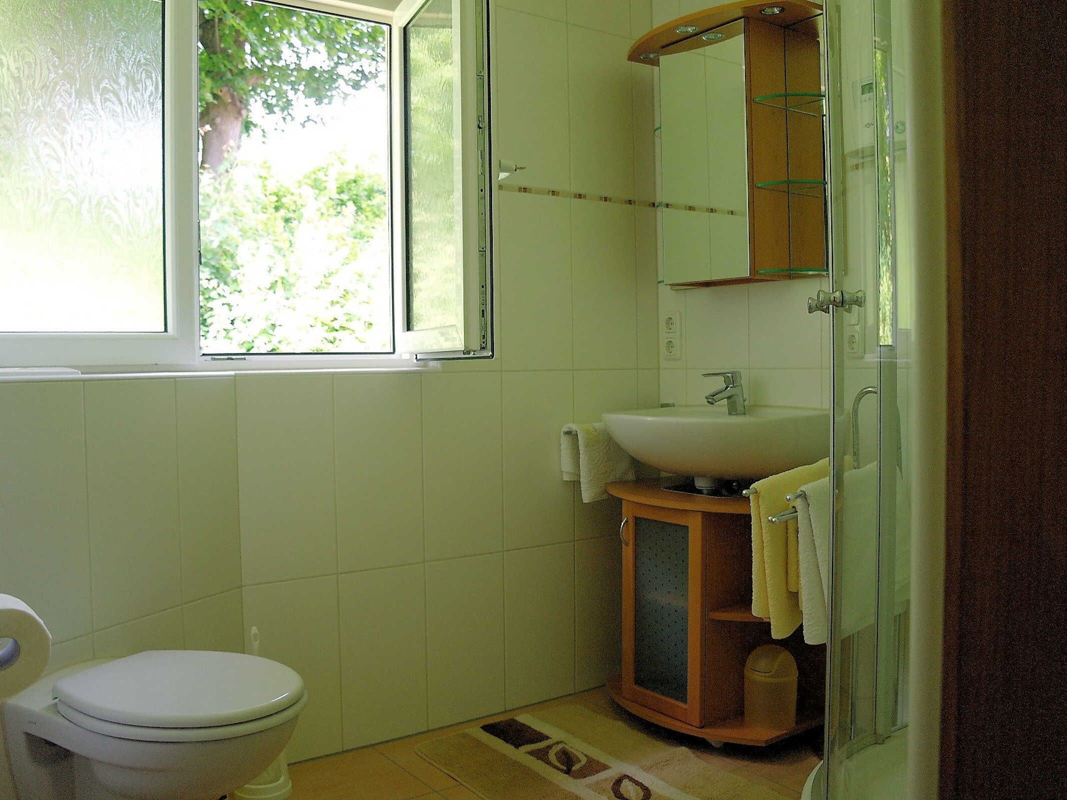 Ein kleines Badezimmer mit Toilette, Waschbecken und Dusche.