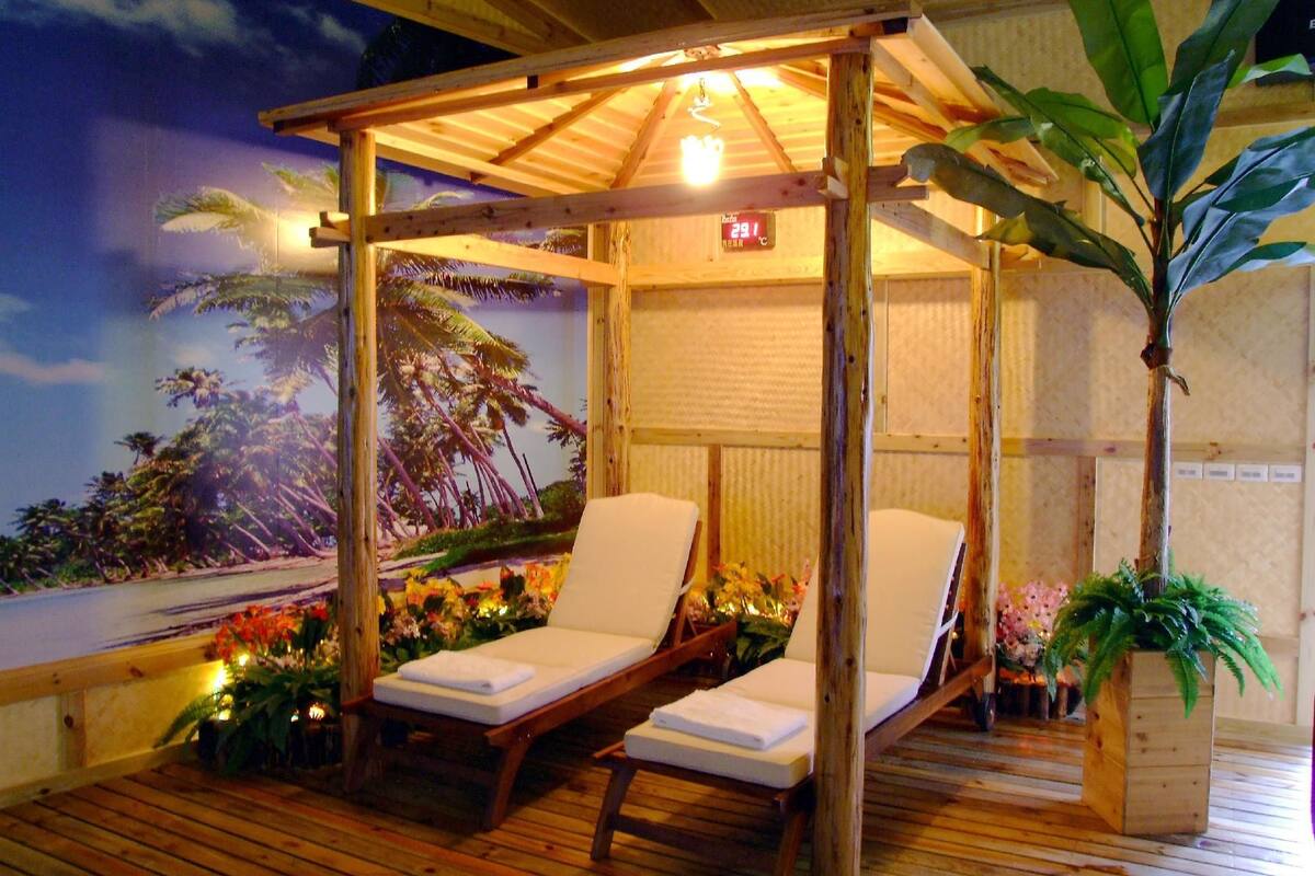 Une terrasse en bois avec deux chaises longues sous une pergola, une fresque aux motifs tropicaux et une plante en pot.