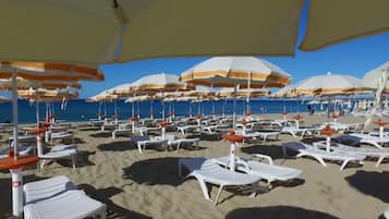 On the beach, sun-loungers, beach umbrellas