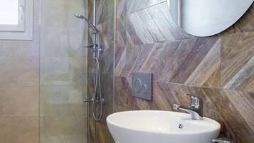 Shower, rainfall showerhead, hair dryer, bathrobes